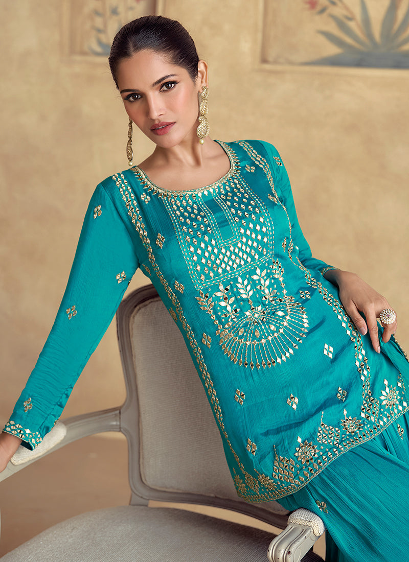 Teal Blue Reshamkari Embroidery Gharara Style Suit