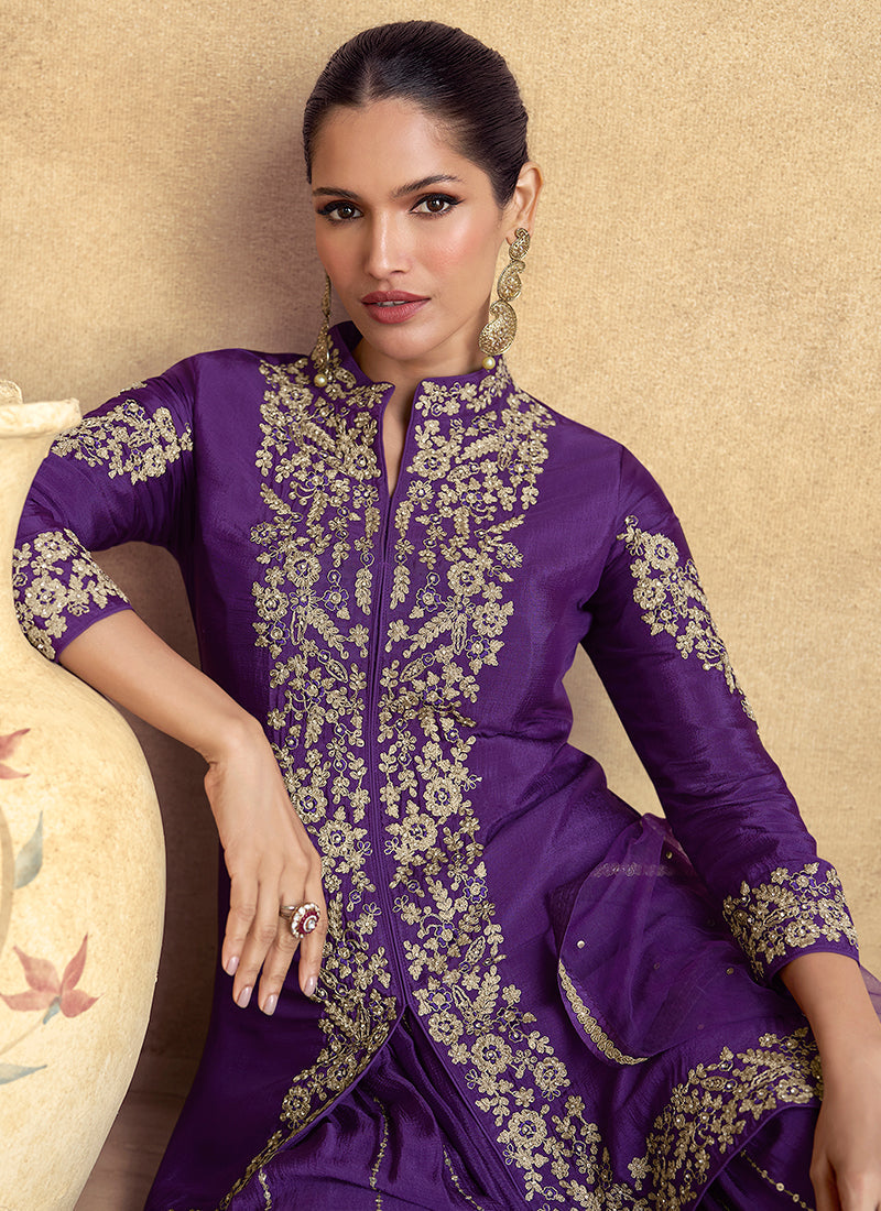 Purple Threadwork Embroidery Sharara Style Suit