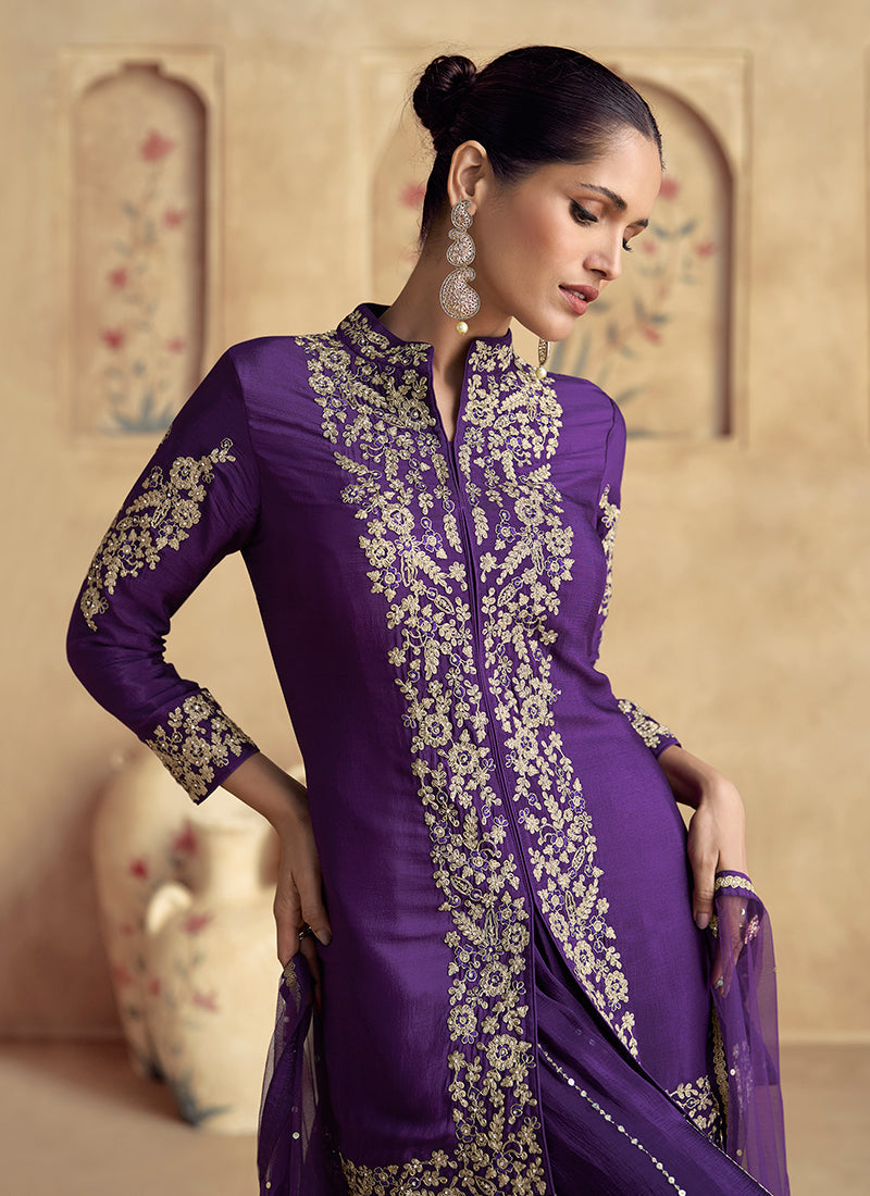 Purple Threadwork Embroidery Sharara Style Suit