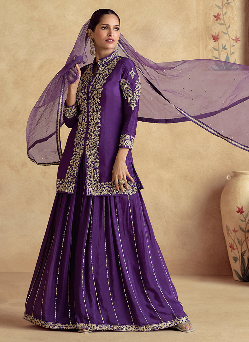 Purple Threadwork Embroidery Sharara Style Suit