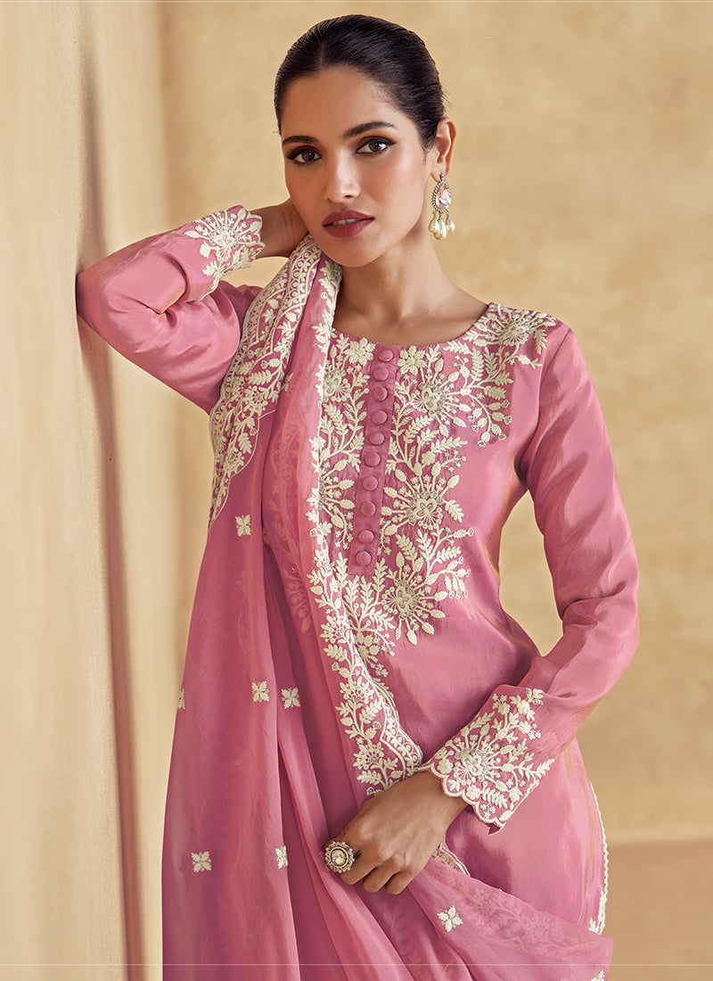 Pink Designer Embroidery Gharara Suit