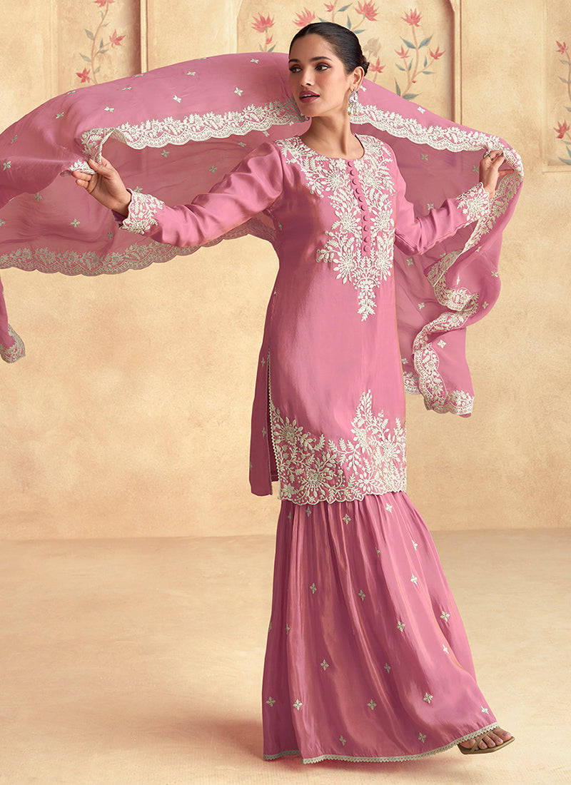 Pink Designer Embroidery Gharara Suit