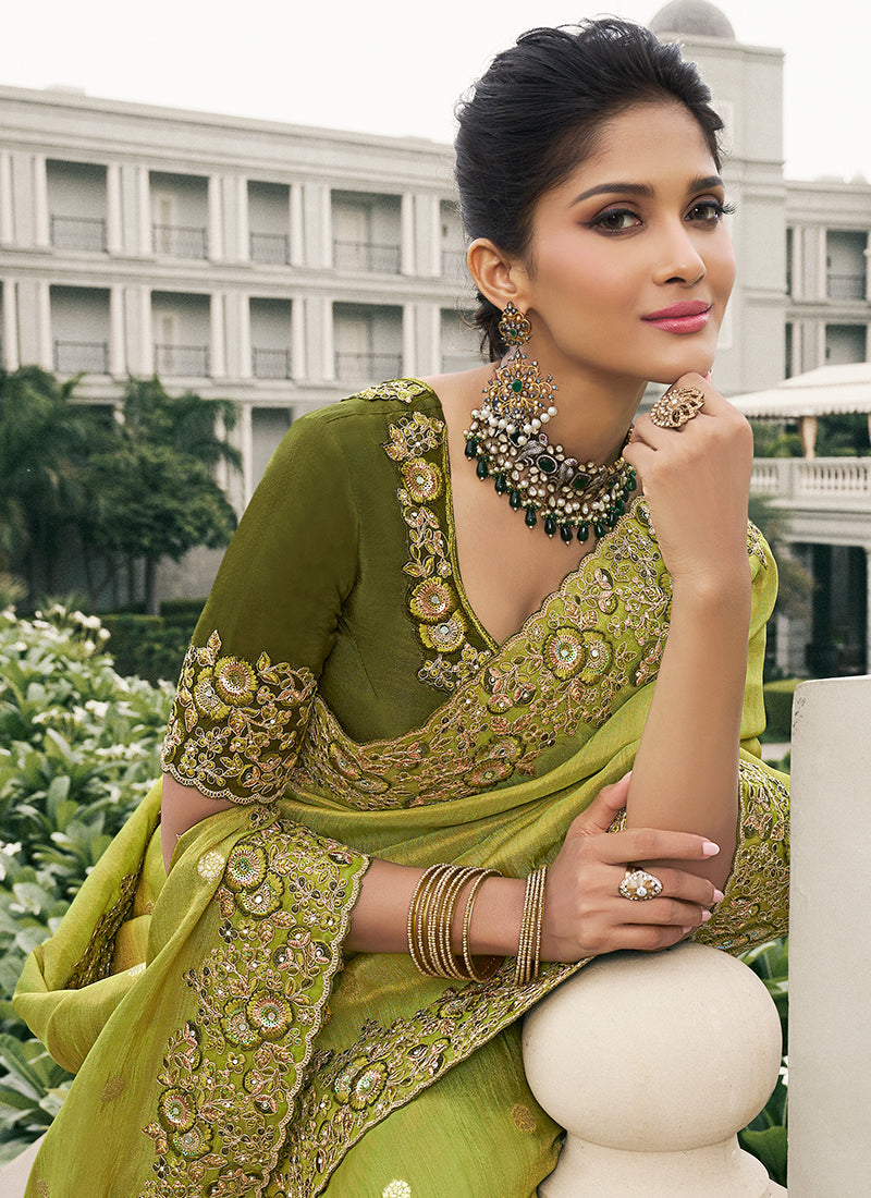 Lime Green Multi Embroidery Tissue Silk Saree