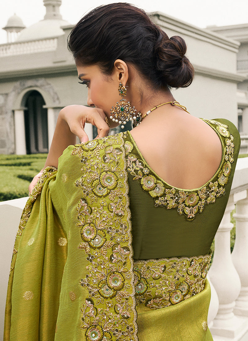 Lime Green Multi Embroidery Tissue Silk Saree