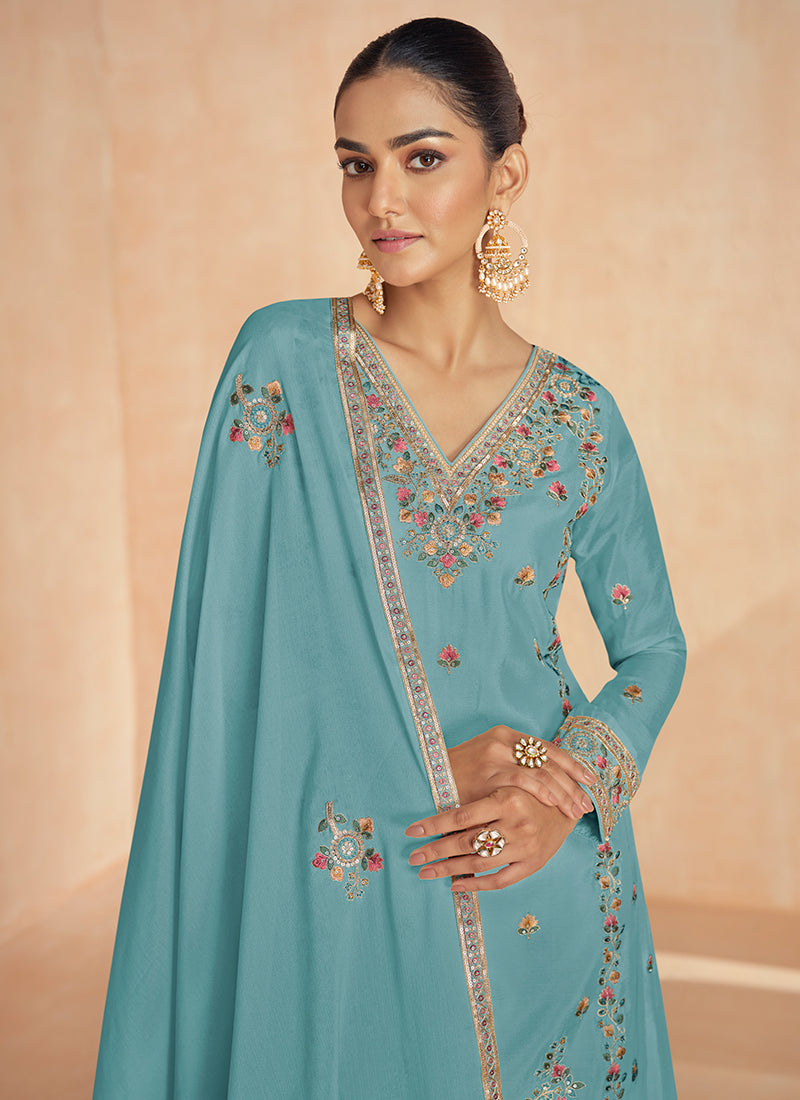 Sky Blue Multi Embroidery Festive Palazzo Suit