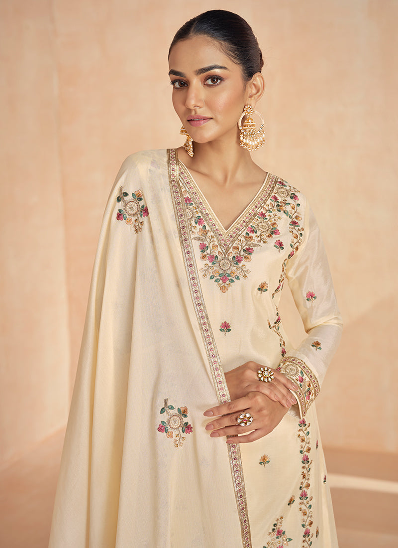 Cream White Multi Embroidery Festive Palazzo Suit