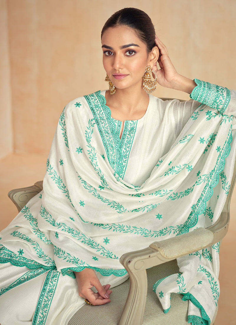 Off White And Teal Embroidery Slit Style Silk Anarkali Suit