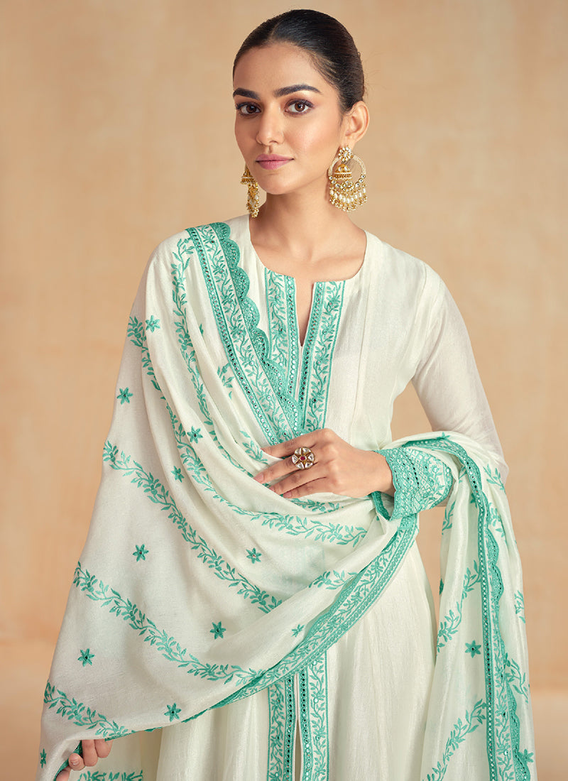 Off White And Teal Embroidery Slit Style Silk Anarkali Suit