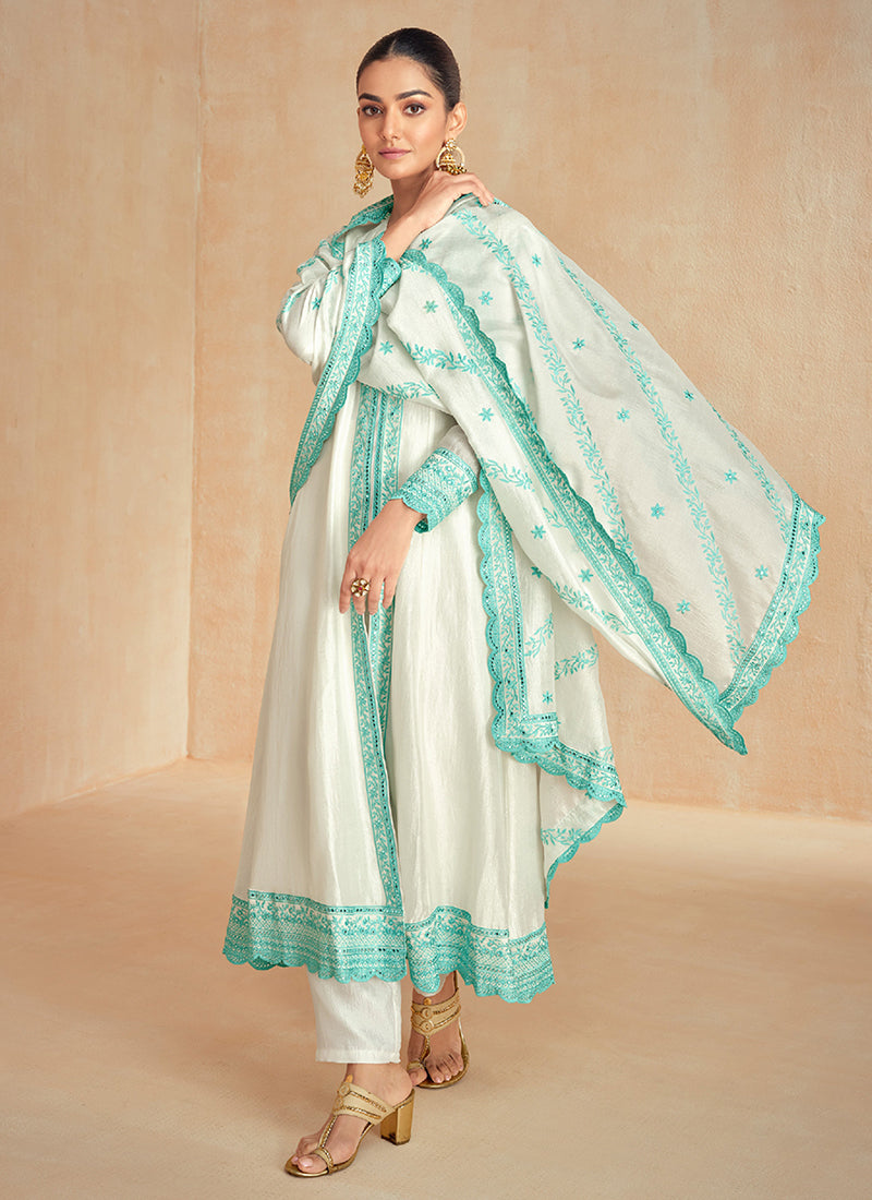 Off White And Teal Embroidery Slit Style Silk Anarkali Suit