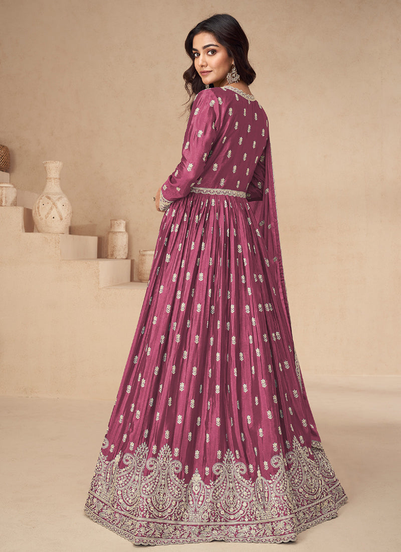 Dark Pink Embroidered Slit Style Anarkali Lehenga