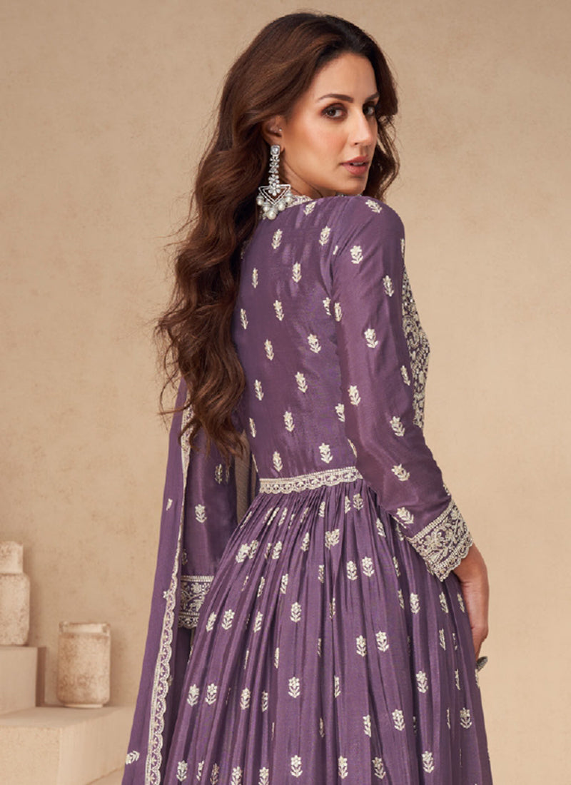 Rich Purple Embroidered Slit Style Anarkali Lehenga