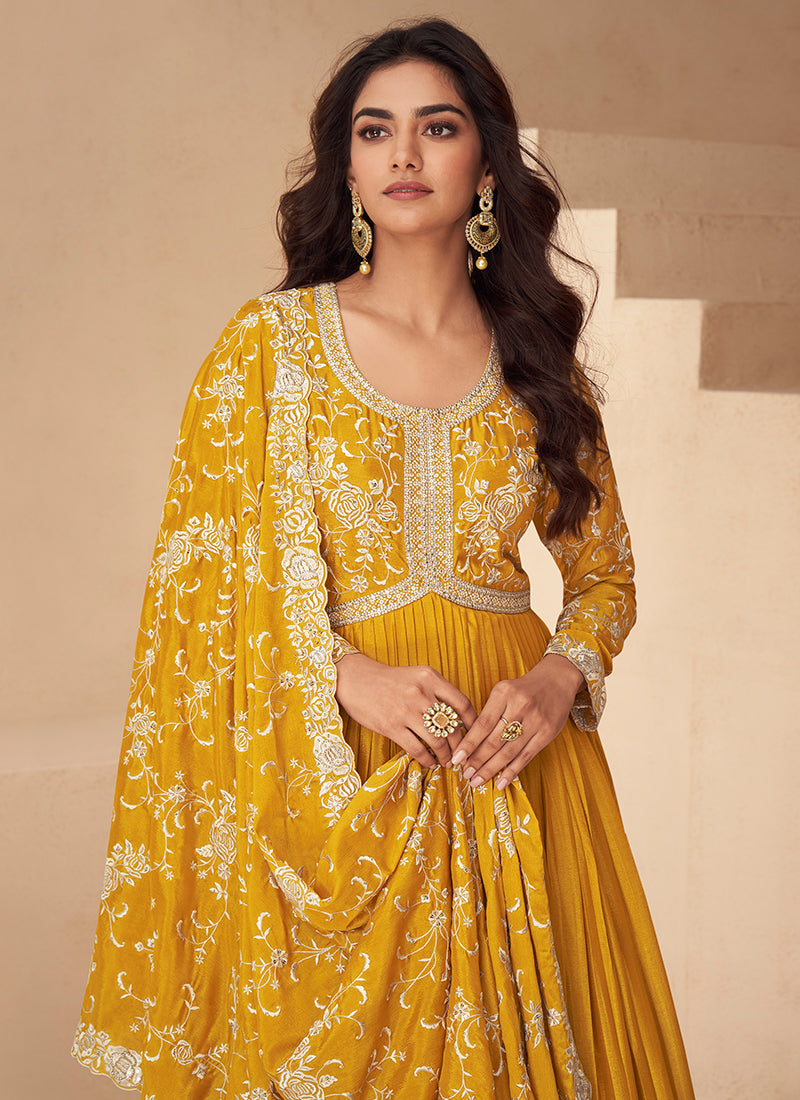 Yellow Traditional Embroidery Anarkali Gown Dress