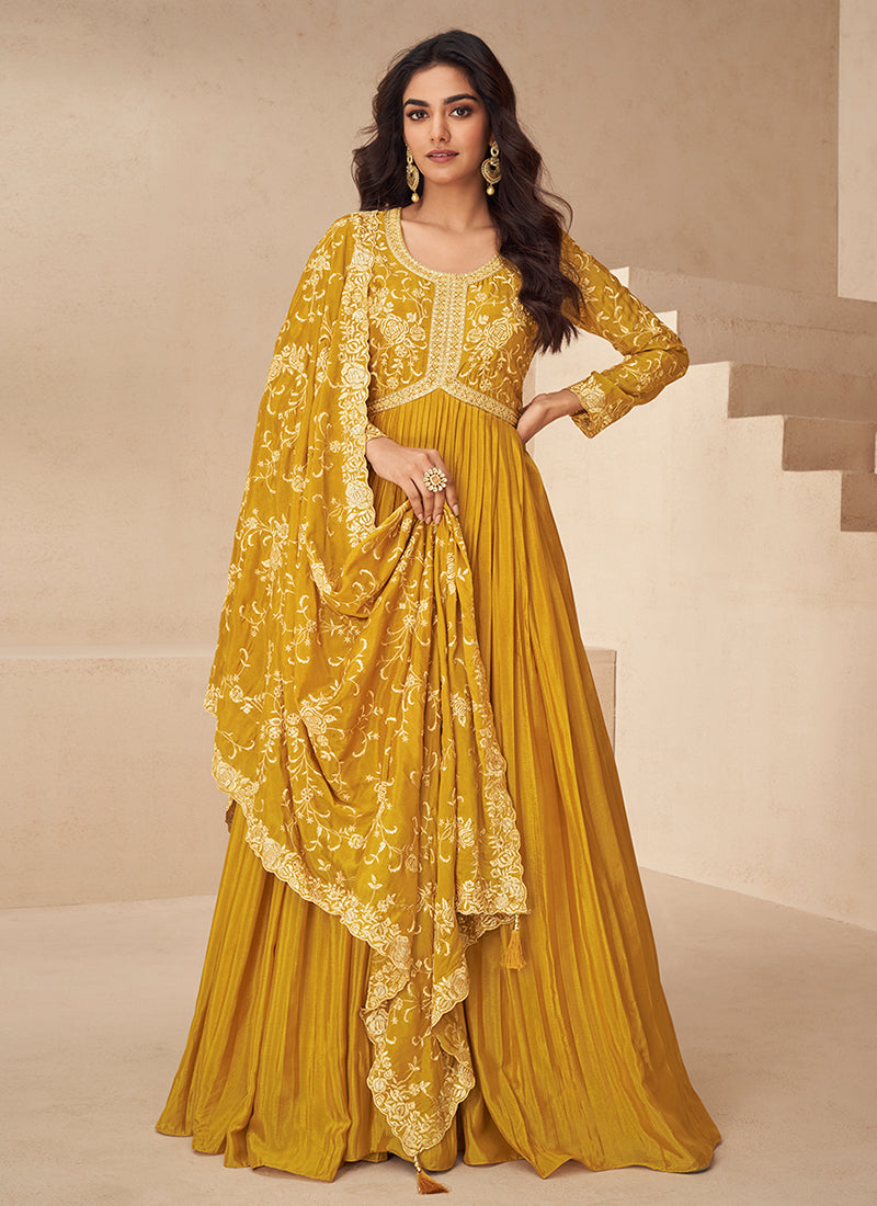 Yellow Traditional Embroidery Anarkali Gown Dress