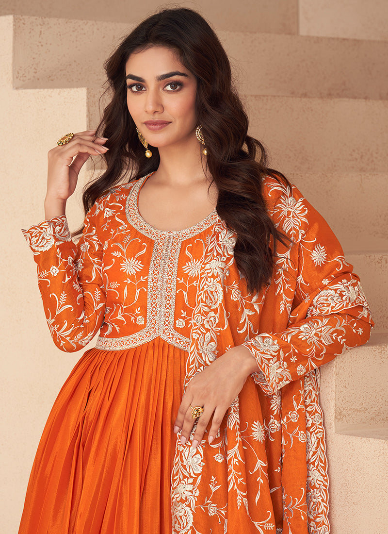 Tangerine Orange Traditional Embroidery Anarkali Gown Dress