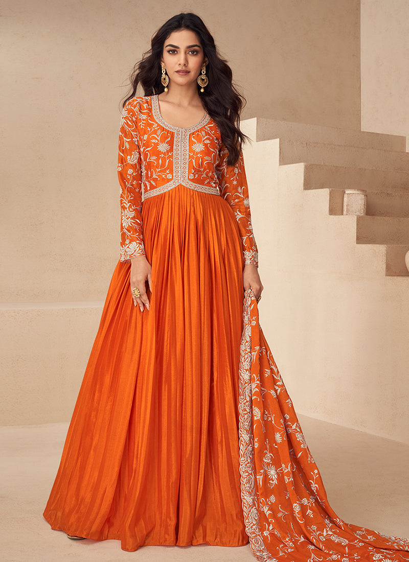 Tangerine Orange Traditional Embroidery Anarkali Gown Dress