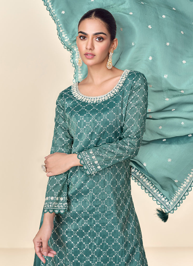 Teal Blue Embroidery Party Wear Palazzo Suit