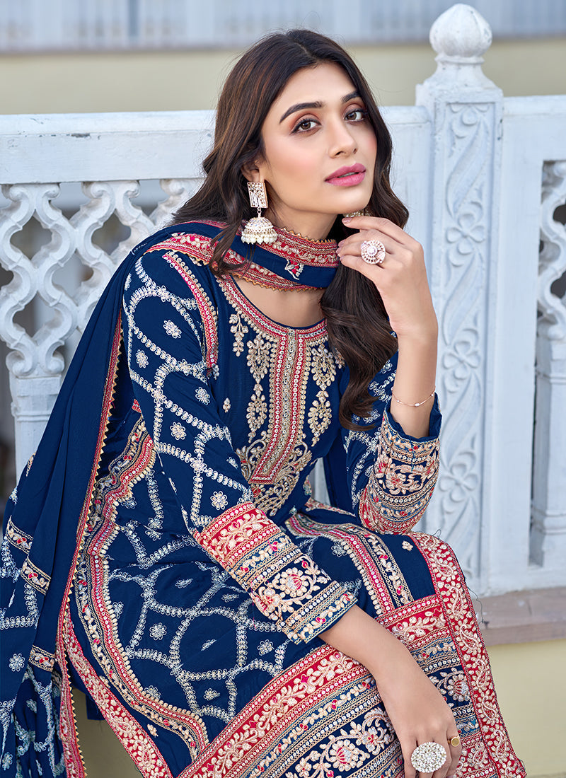 Blue Multi Thread Embroidery Palazzo Style Suit