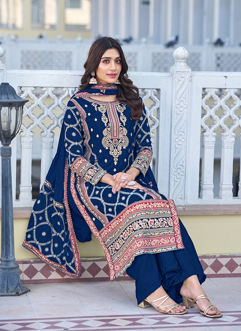 Blue Multi Thread Embroidery Palazzo Style Suit