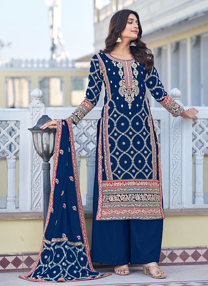 Blue Multi Thread Embroidery Palazzo Style Suit