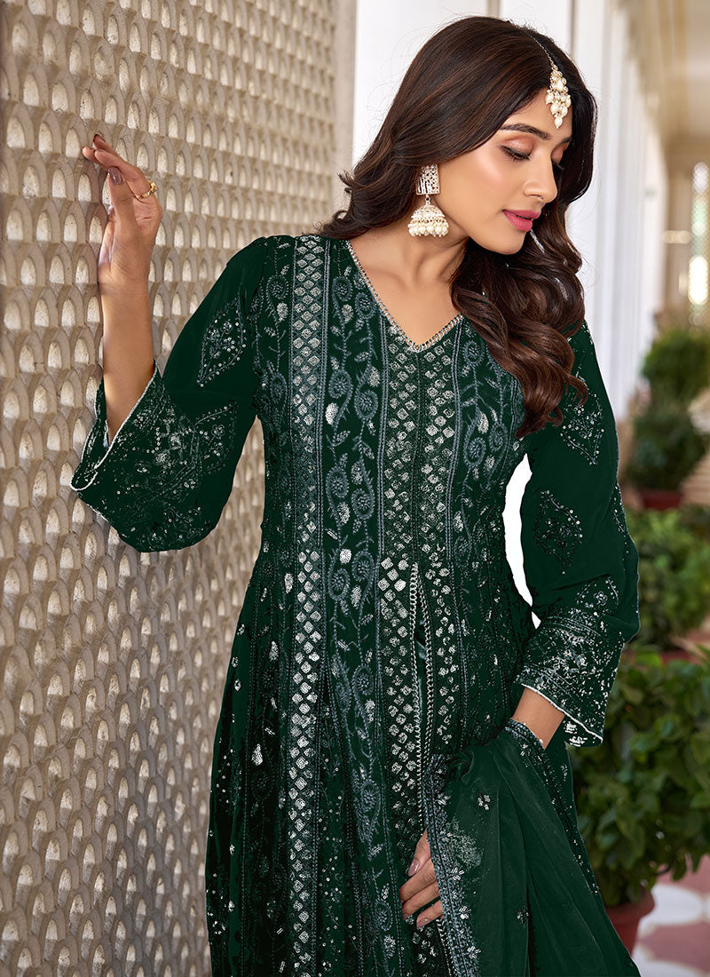 Dark Green Sequence Embroidery Slit Style Anarkali Pant Suit