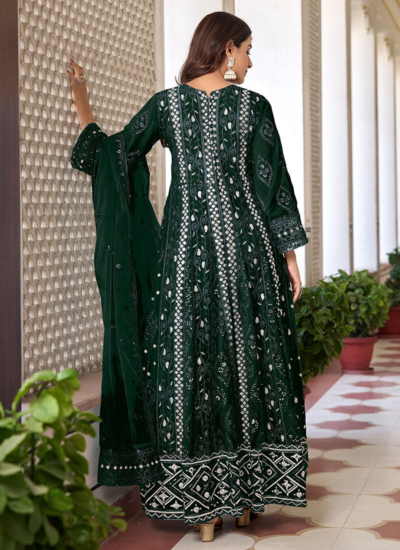 Dark Green Sequence Embroidery Slit Style Anarkali Pant Suit