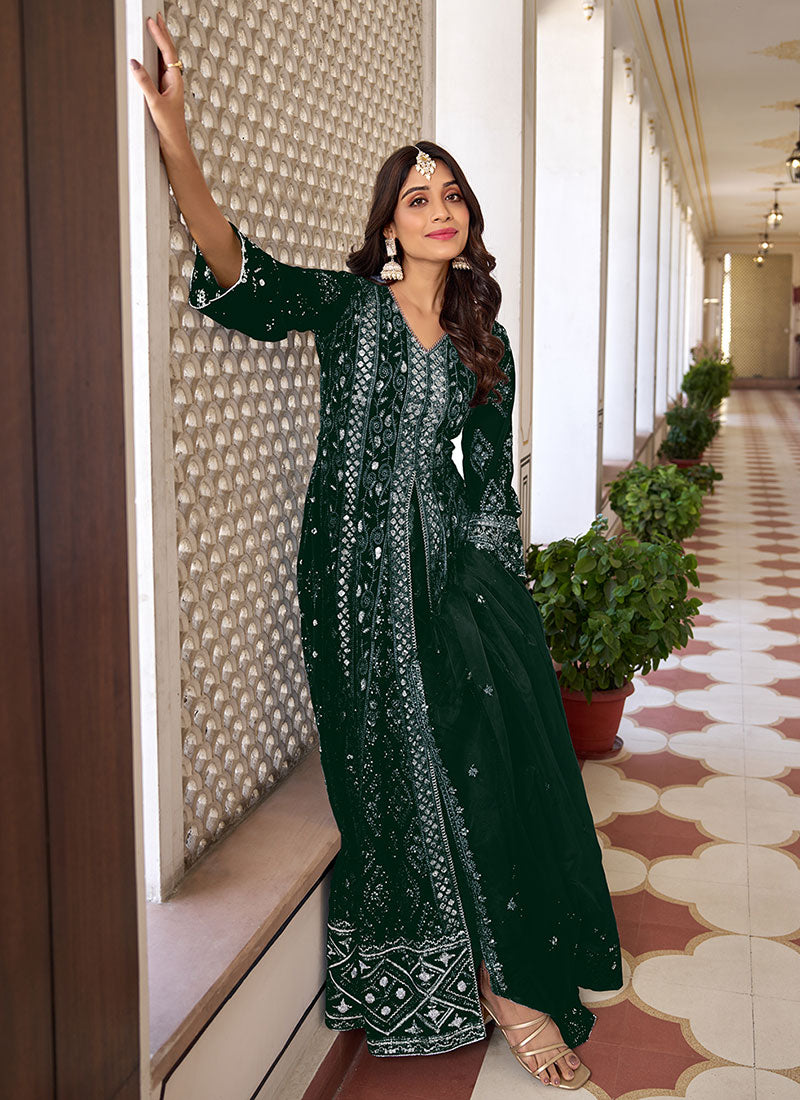 Dark Green Sequence Embroidery Slit Style Anarkali Pant Suit