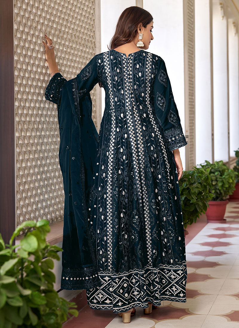 Dark Blue Sequence Embroidery Slit Style Anarkali Pant Suit