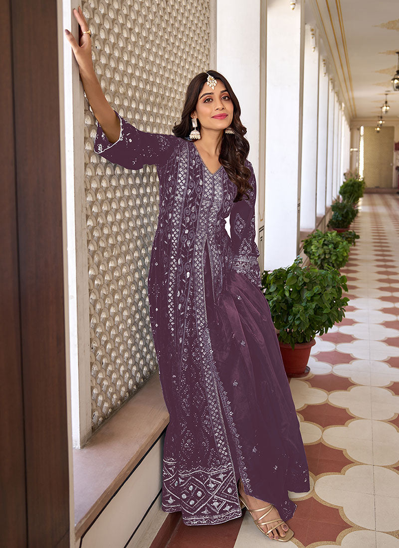 Purple Sequence Embroidery Slit Style Anarkali Pant Suit