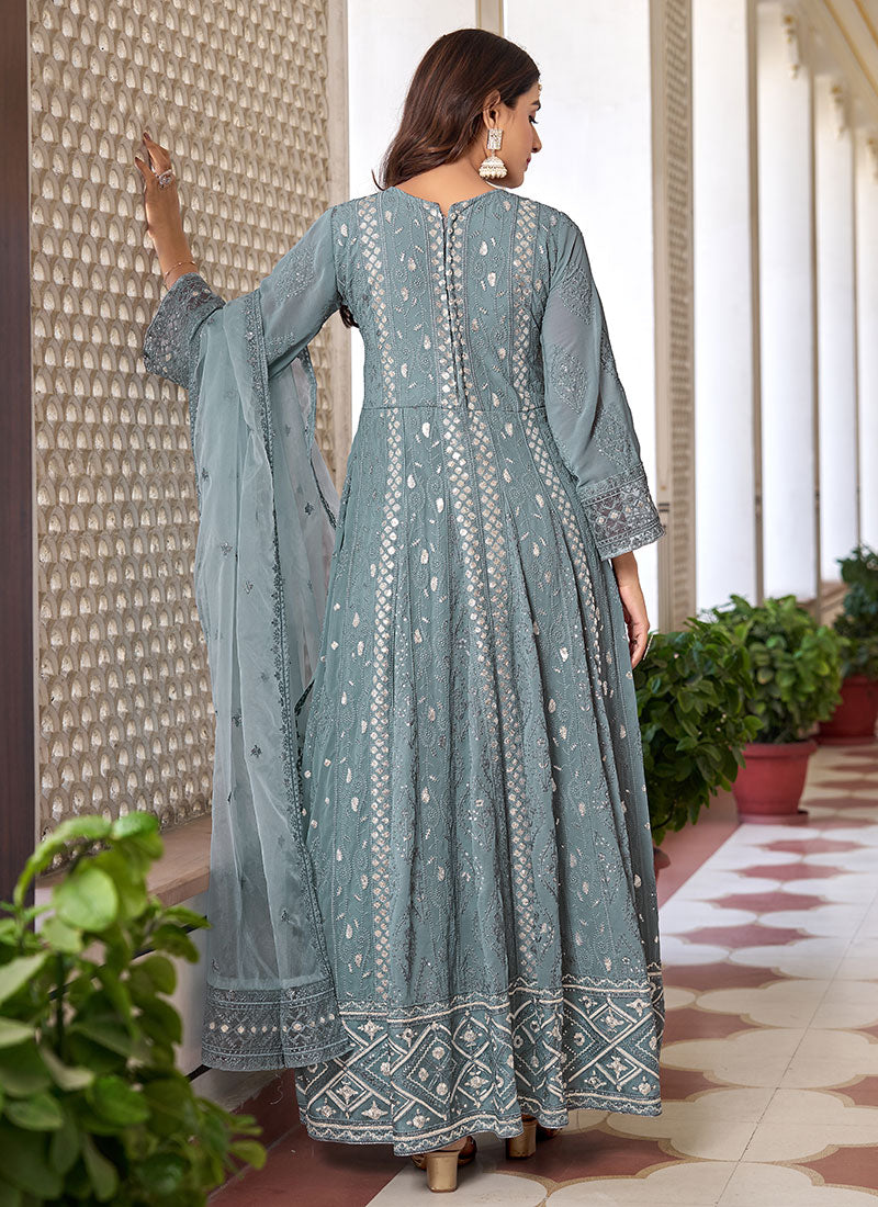 Light Grey Sequence Embroidery Slit Style Anarkali Pant Suit