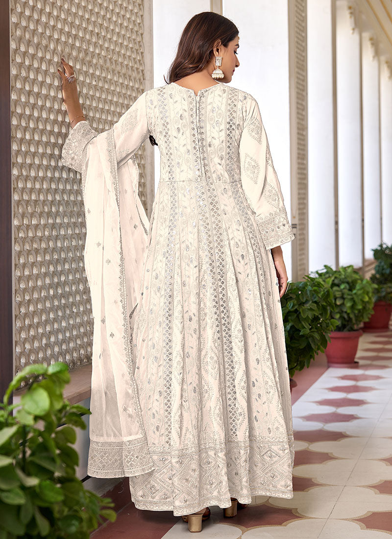 Off White Sequence Embroidery Slit Style Anarkali Pant Suit