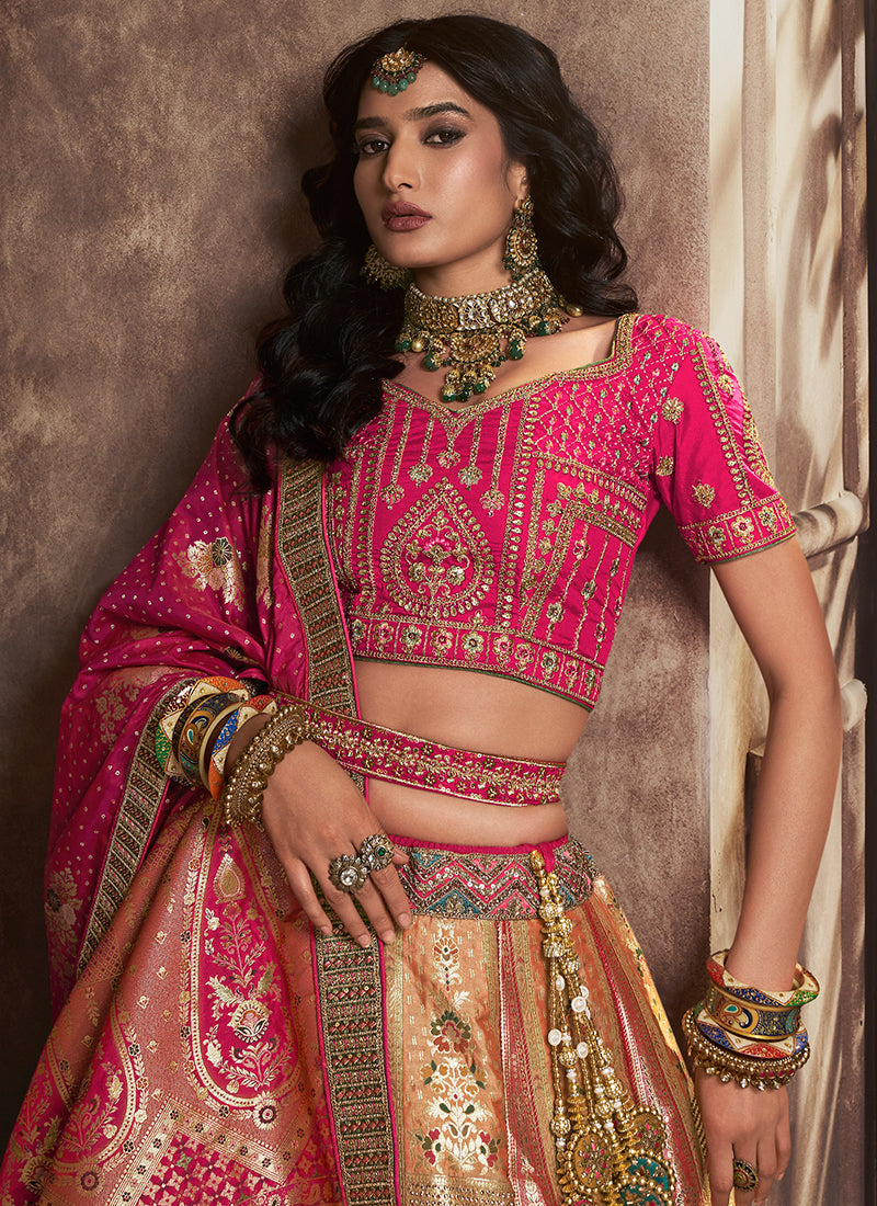 Pink Golden Traditional Embroidered Bridal Lehenga Choli