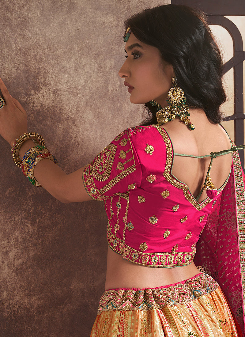 Pink Golden Traditional Embroidered Bridal Lehenga Choli