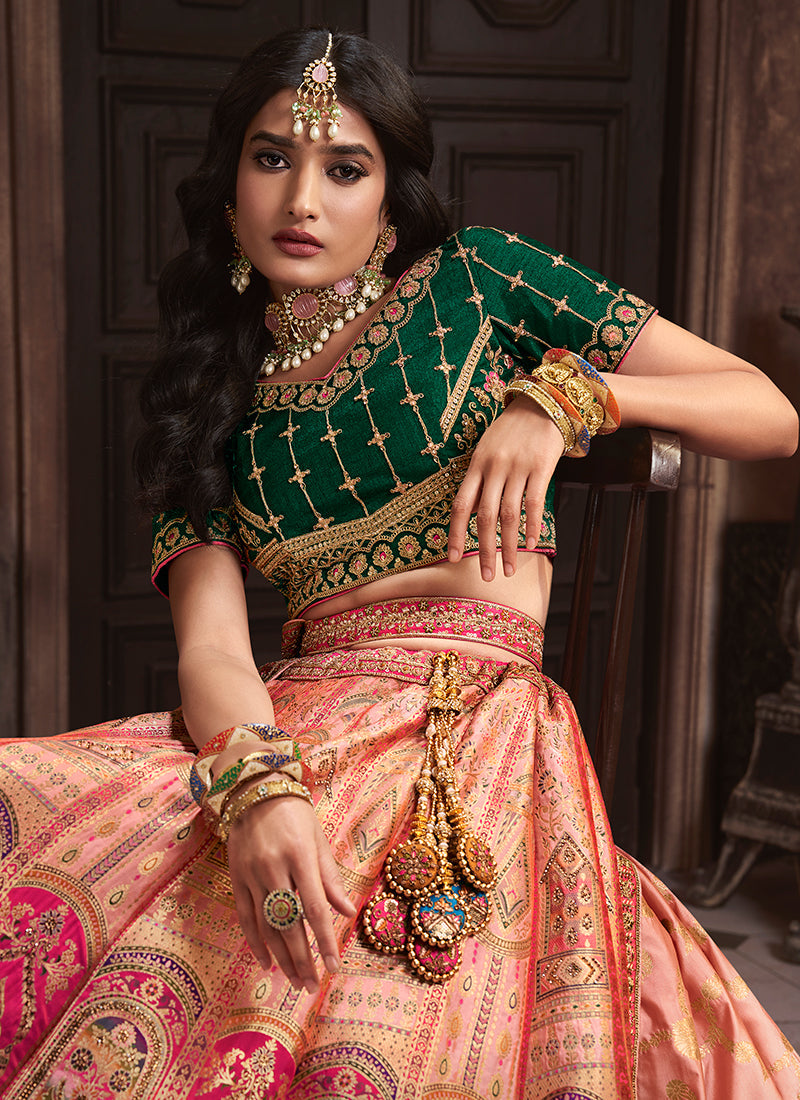 Peach And Green Traditional Embroidered Bridal Lehenga Choli