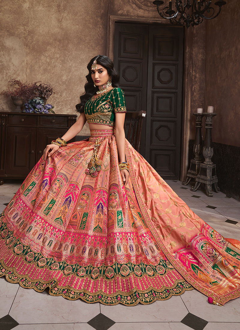 Peach And Green Traditional Embroidered Bridal Lehenga Choli