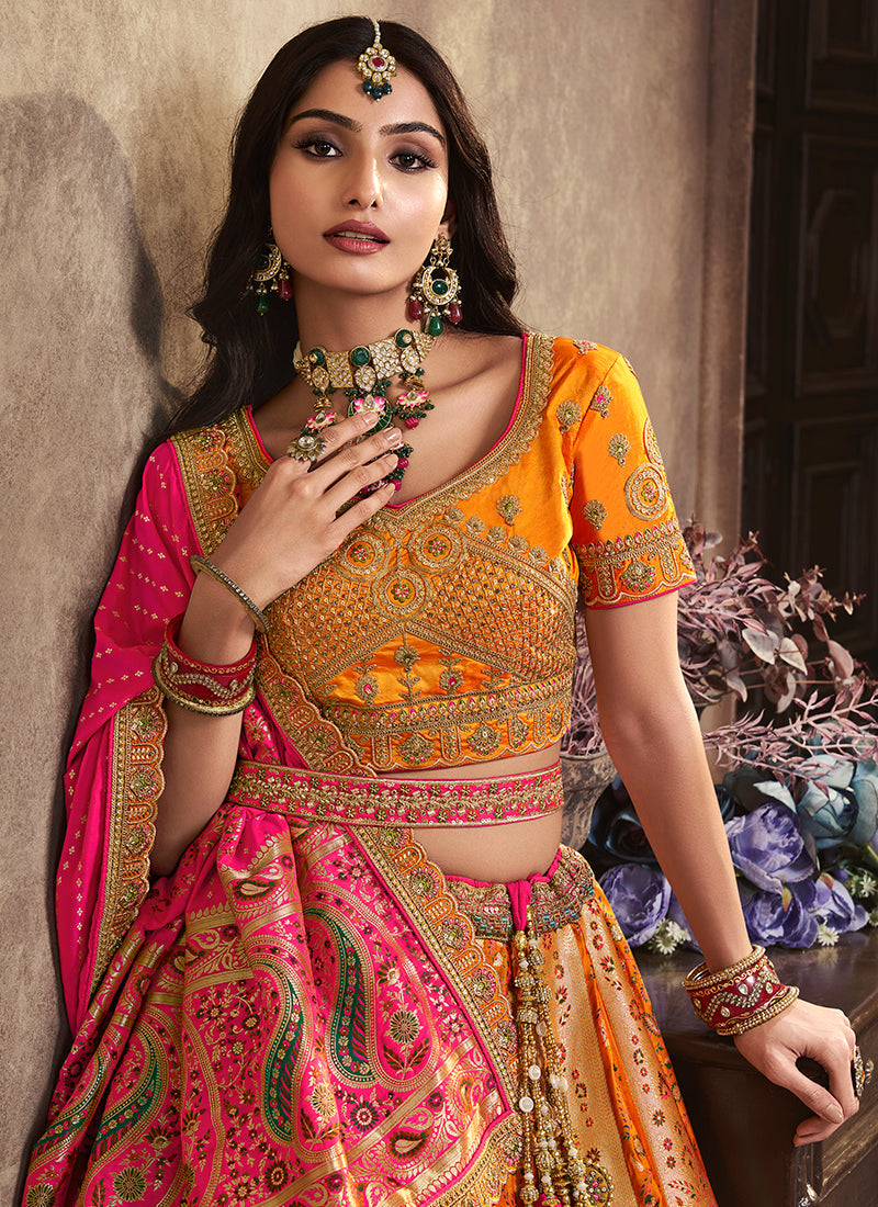 Yellow And Pink Traditional Embroidered Bridal Lehenga Choli