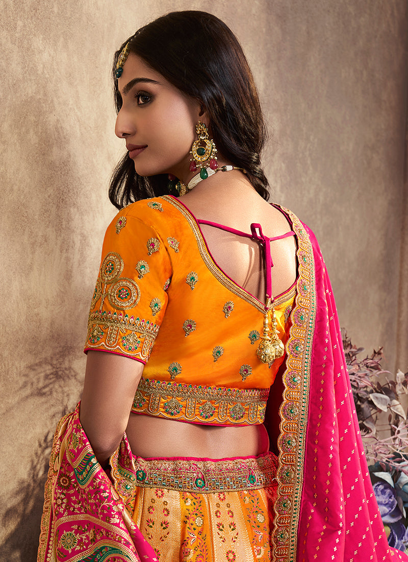 Yellow And Pink Traditional Embroidered Bridal Lehenga Choli