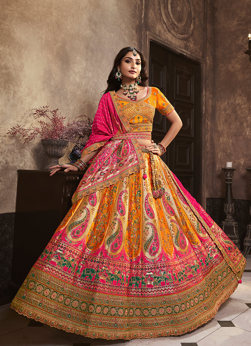 Yellow And Pink Traditional Embroidered Bridal Lehenga Choli