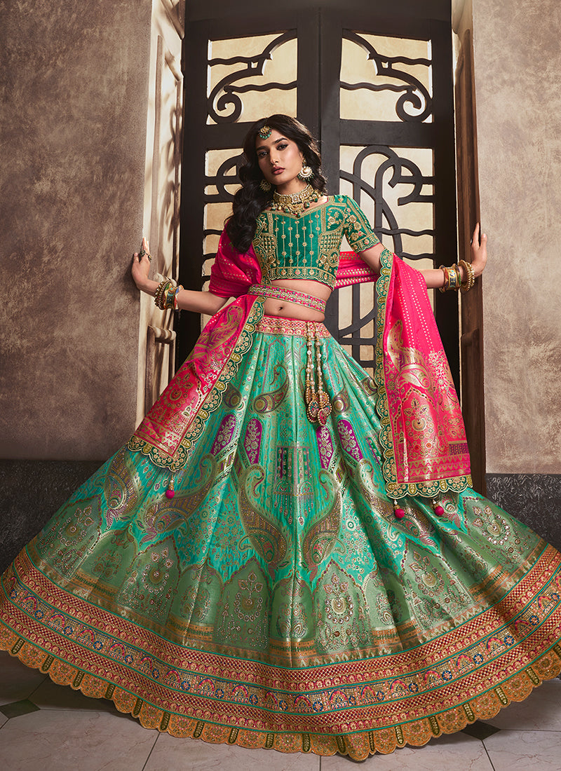 Green And Pink Traditional Embroidered Bridal Lehenga Choli