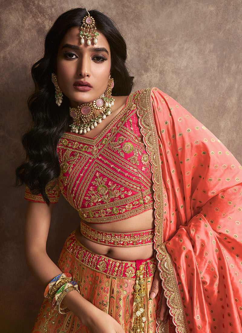 Peach Golden Traditional Embroidered Bridal Lehenga Choli