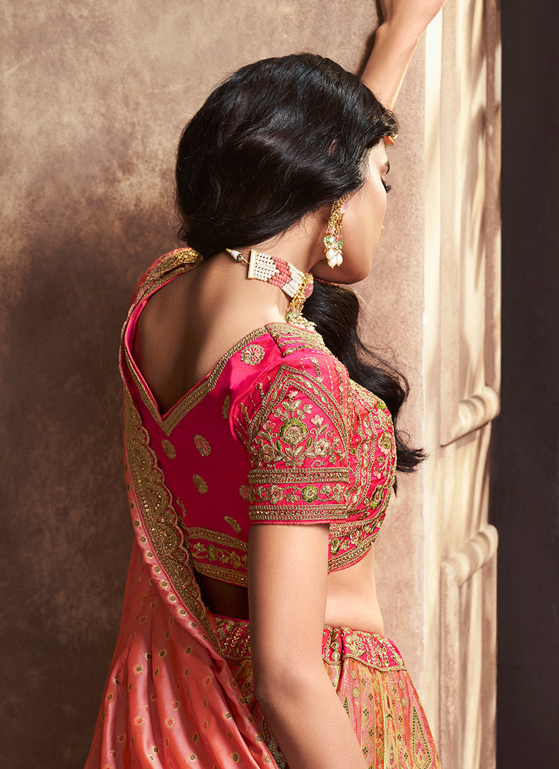 Peach Golden Traditional Embroidered Bridal Lehenga Choli