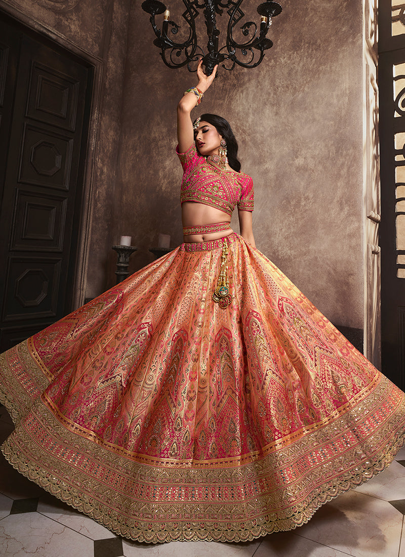 Peach Golden Traditional Embroidered Bridal Lehenga Choli