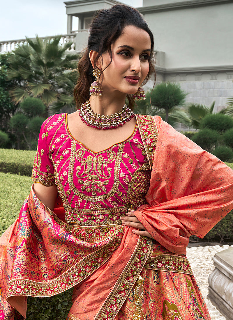 Peach And Pink Embroidered Bridal Lehenga Choli