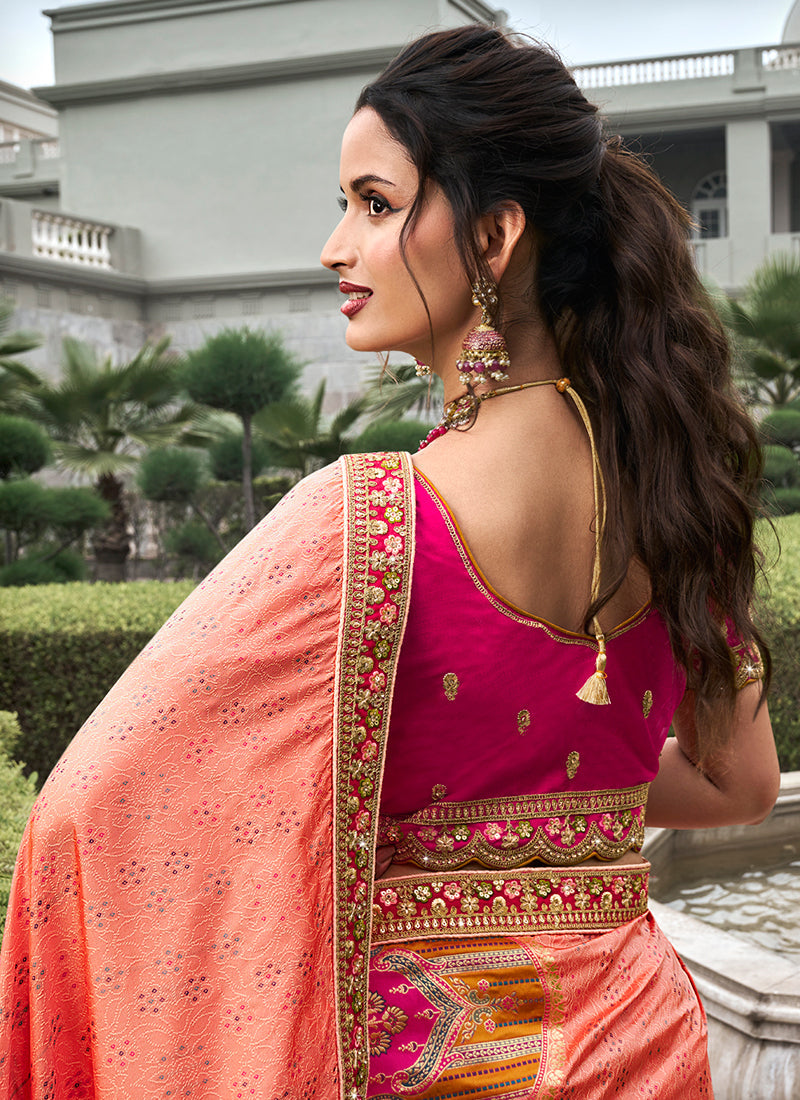 Peach And Pink Embroidered Bridal Lehenga Choli