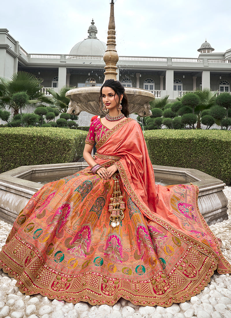 Peach And Pink Embroidered Bridal Lehenga Choli