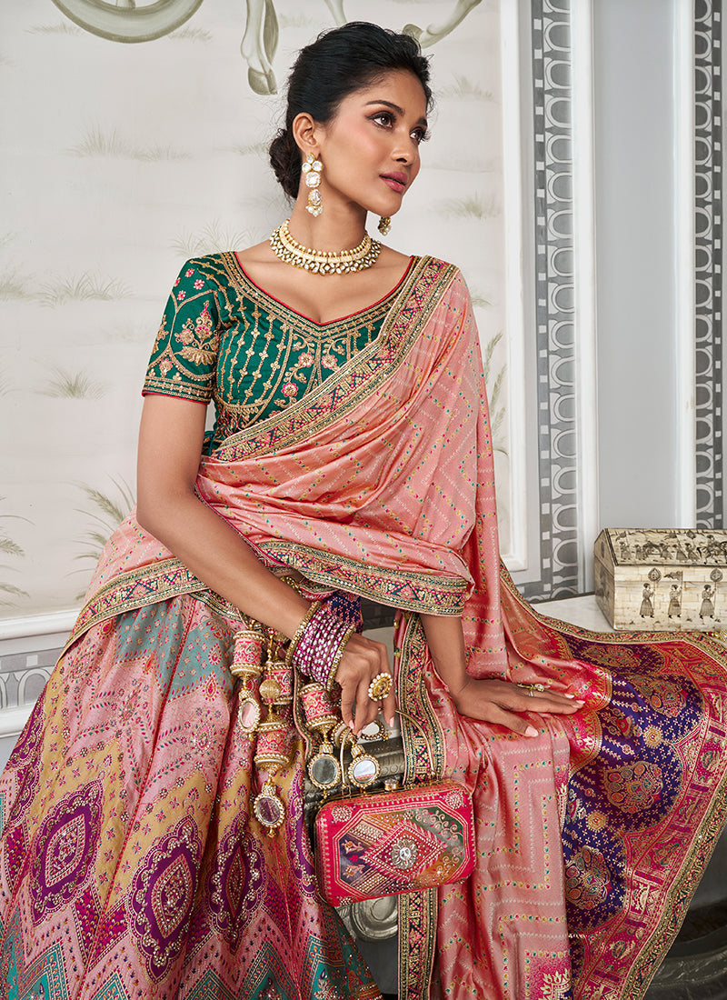 Peach And Green Embroidered Bridal Lehenga Choli