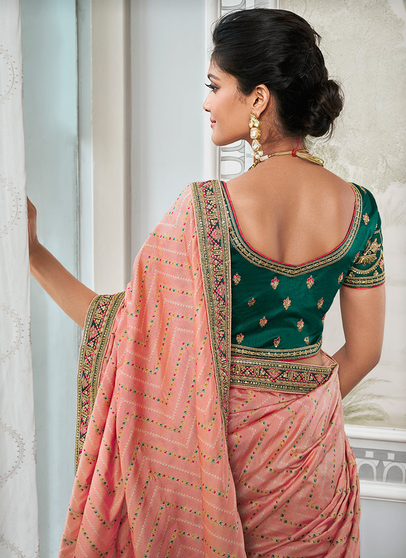 Peach And Green Embroidered Bridal Lehenga Choli