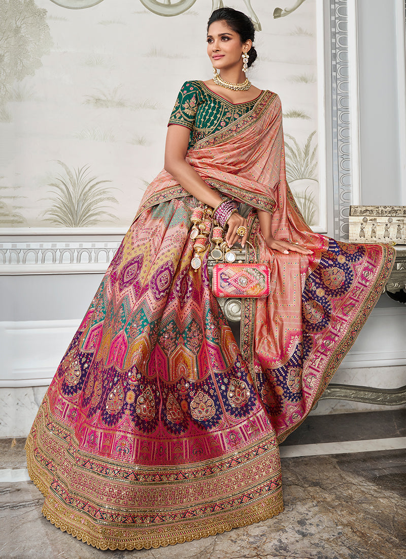 Peach And Green Embroidered Bridal Lehenga Choli