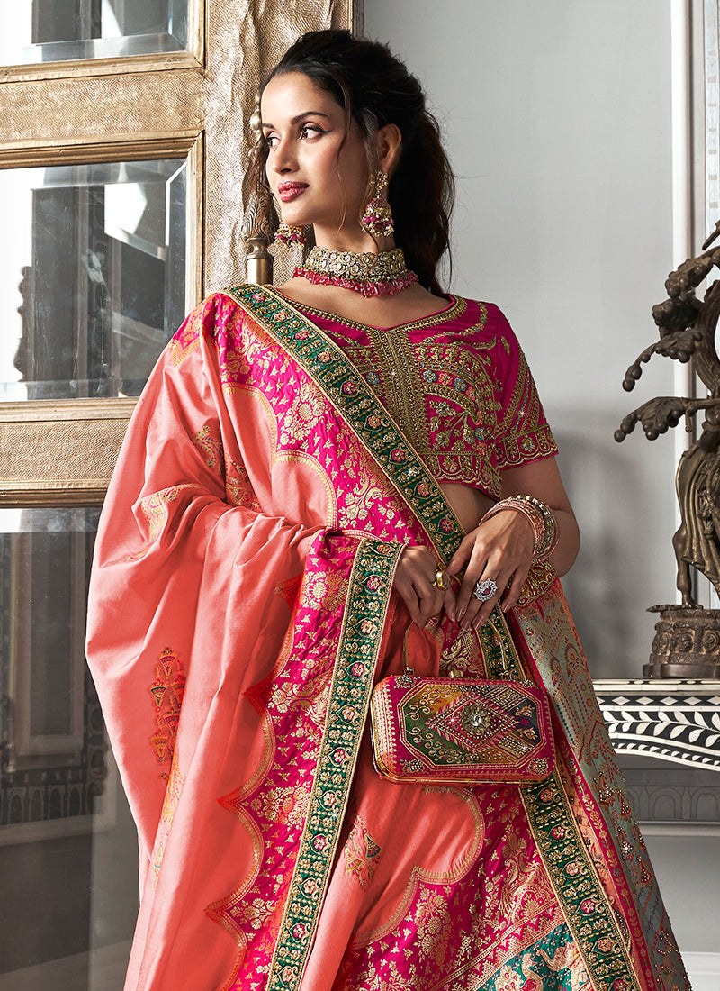 Peach Multicolored Embroidered Bridal Lehenga Choli