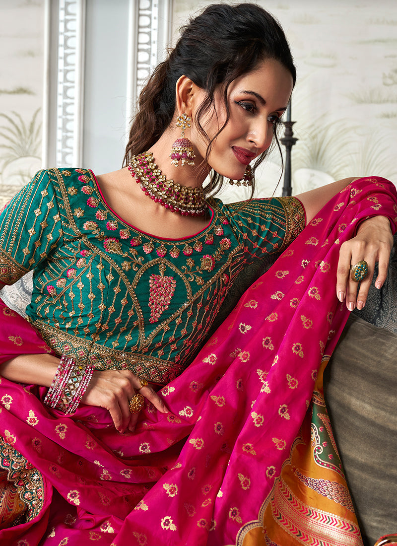 Pink And Green Embroidered Bridal Lehenga Choli