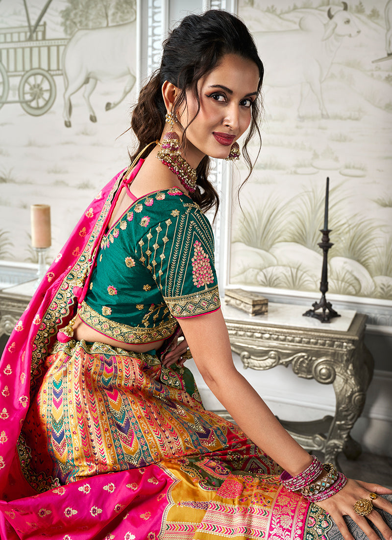 Pink And Green Embroidered Bridal Lehenga Choli